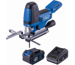 Scheppach akkus dekopir-szúrófűrész BC-JS254-X 20V szénkefementes | Lökethossz 25,4 mm | Löketszám 1000-3000 ford/perc | Vágási mélység 100 mm (fa), 10 mm (fém), 15 mm (alumínium) | 20 V IXES sorozat | 4Ah akkumulátorral
