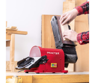 szalag- és tárcsacsiszoló, 450 W teljesítmény, 2980 percenkénti fordulatszám, 150 mm átmérőjű csiszolólap, 915 mm-es szalaghossz, alumínium asztallal és keresztütközővel, 6 darabos csiszolópapírral PX-BTS450